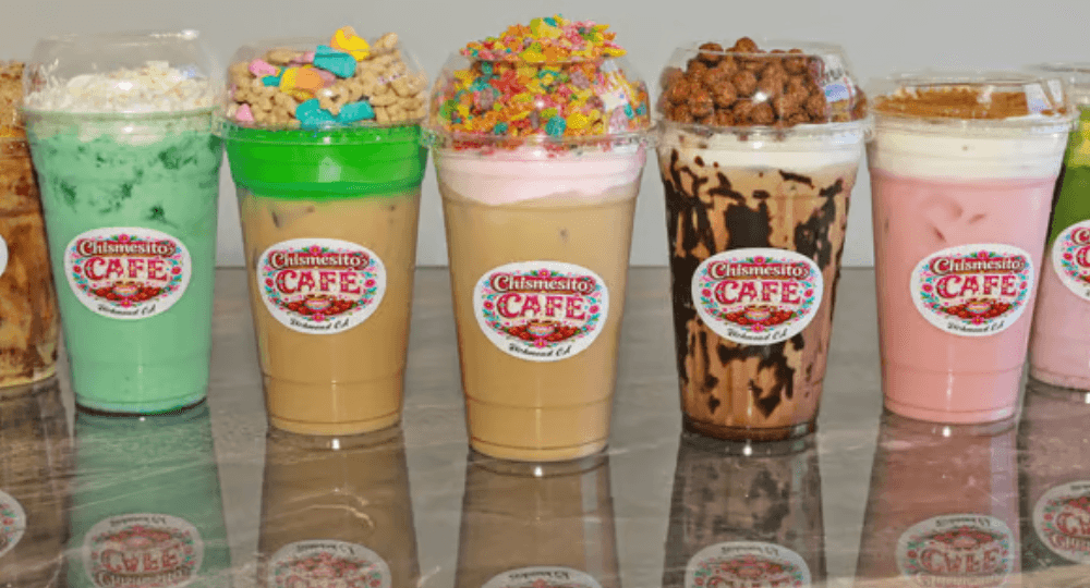 A row of Chismesito Cafe specialty drinks
